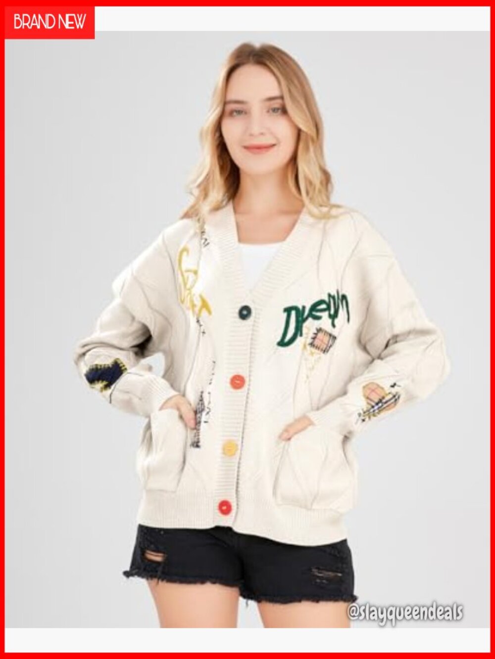 Cable Knit Open Front Cardigan with Embroidery V-Neck Button Down - Picture 2 of 7